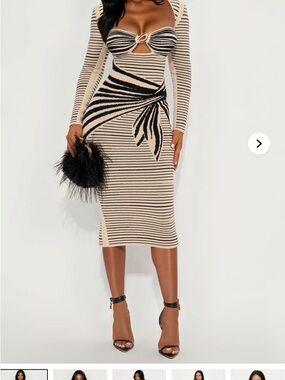 Fashion Nova Restless Night Beige & Black Long Sleeve Cutout Bodycon Midi Dress